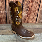 Women's Western Rodeo Square Toe Sunflower Embroidery Leather Boots Est. 255/257 Brown - OriginalWestern.com