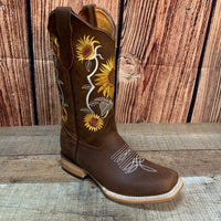 Women's Western Rodeo Square Toe Sunflower Embroidery Leather Boots Est. 255/257 Brown - OriginalWestern.com