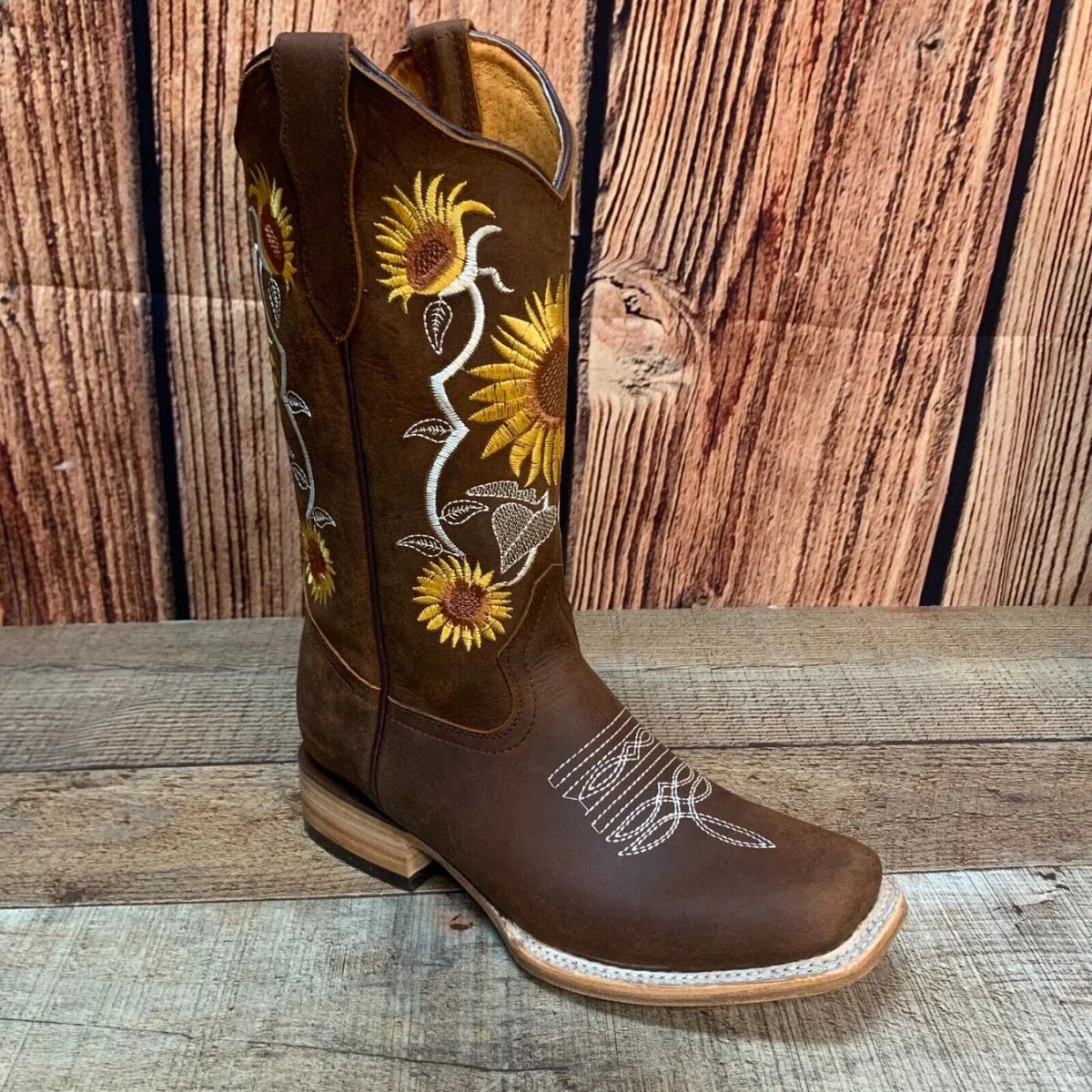 Women's Western Rodeo Square Toe Sunflower Embroidery Leather Boots Est. 255/257 Brown - OriginalWestern.com