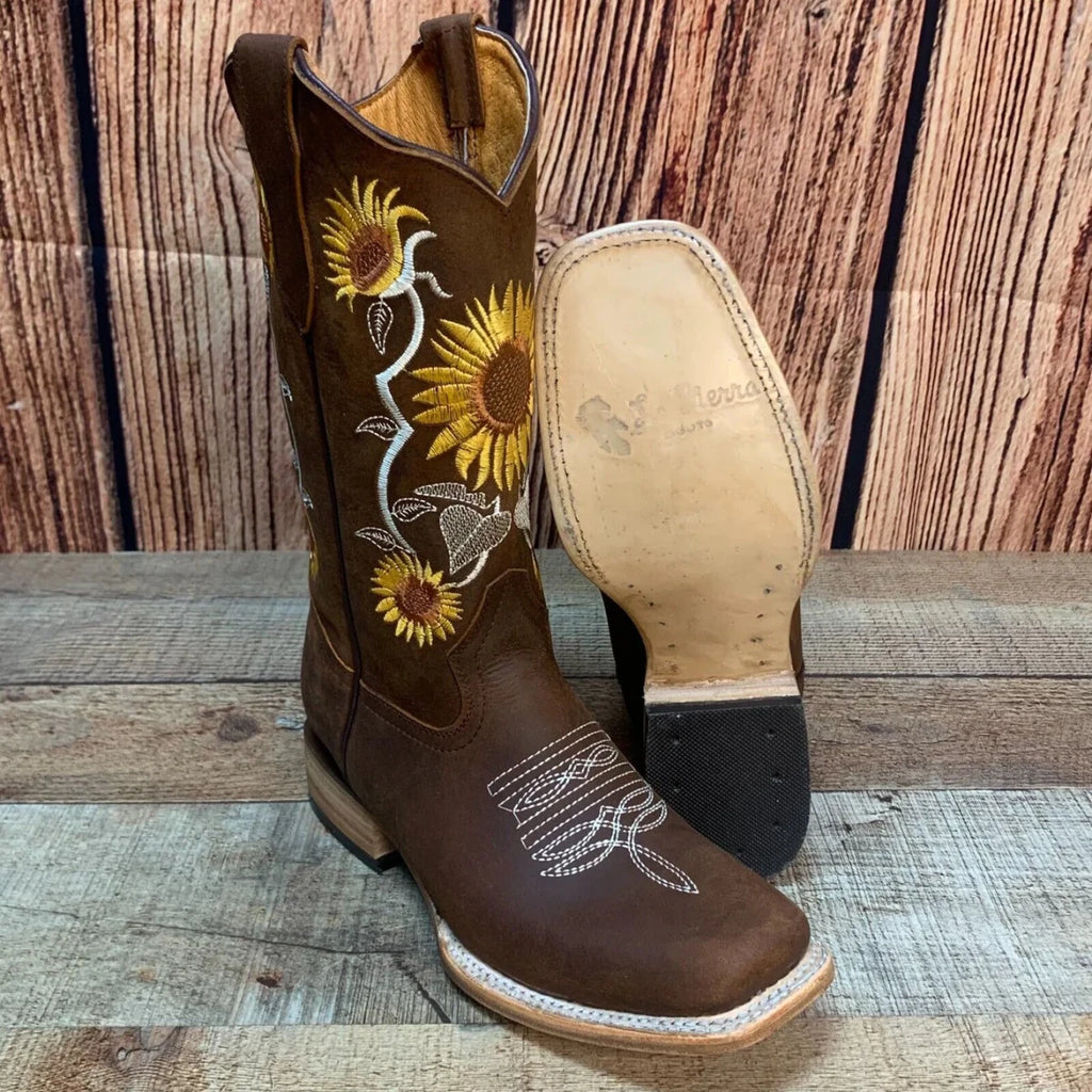 Women's Western Rodeo Square Toe Sunflower Embroidery Leather Boots Est. 255/257 Brown - OriginalWestern.com