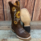 Women's Western Rodeo Square Toe Sunflower Embroidery Leather Boots Est. 255/257 Brown - OriginalWestern.com