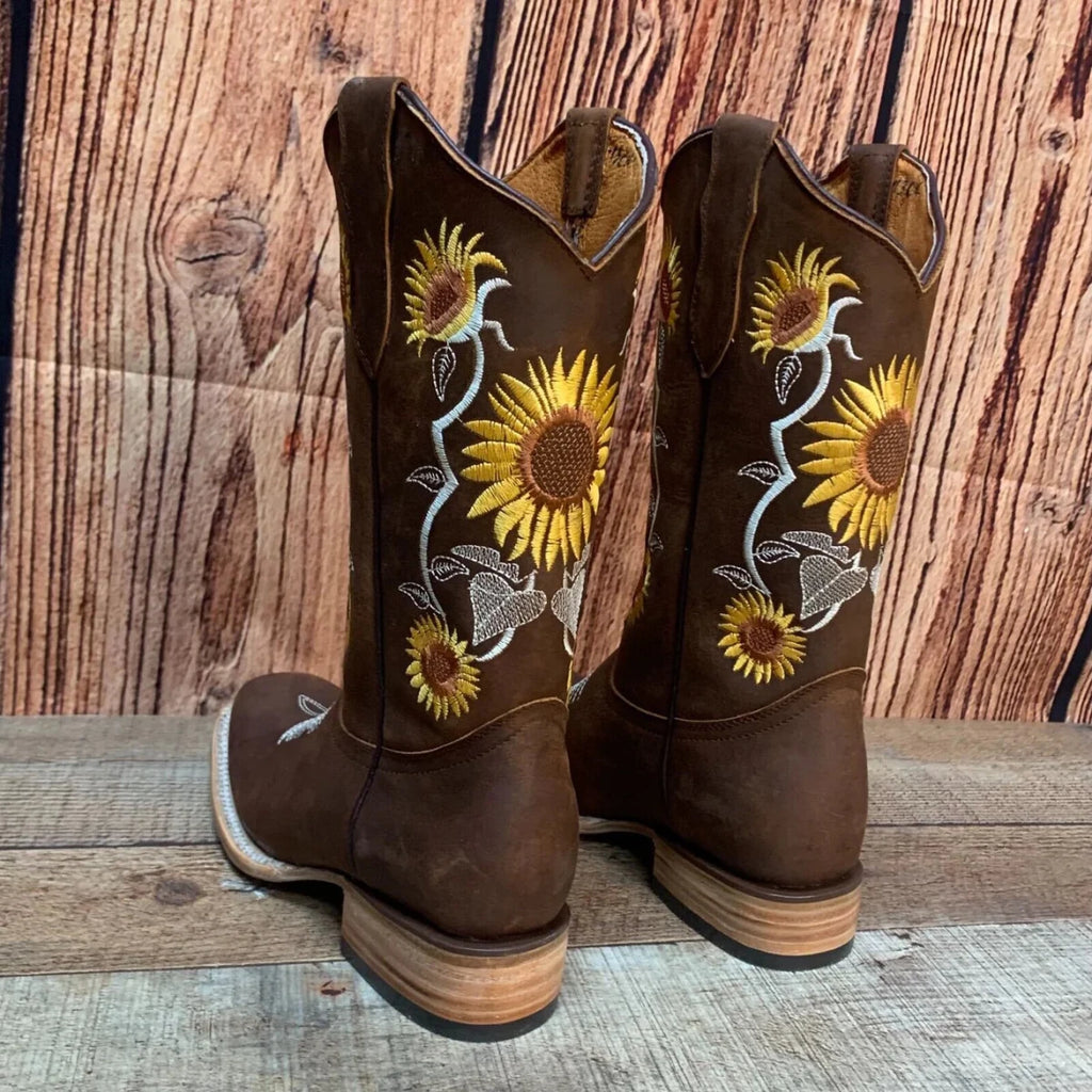 Women's Western Rodeo Square Toe Sunflower Embroidery Leather Boots Est. 255/257 Brown - OriginalWestern.com