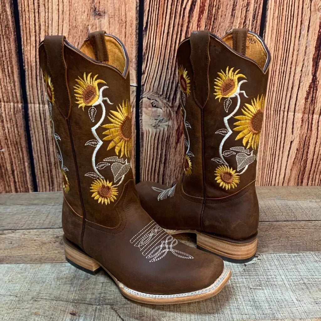 Women's Western Rodeo Square Toe Sunflower Embroidery Leather Boots Est. 255/257 Brown - OriginalWestern.com