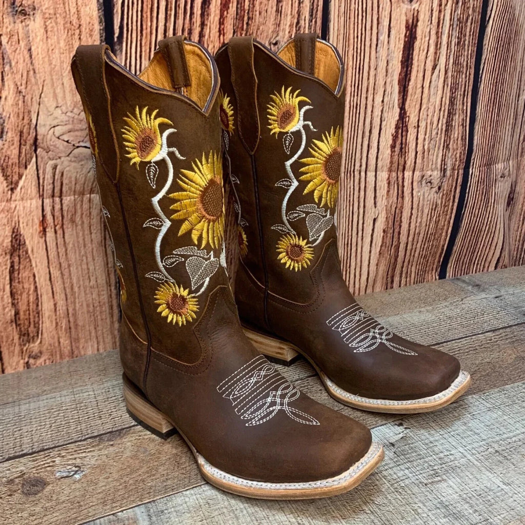 Women's Western Rodeo Square Toe Sunflower Embroidery Leather Boots Est. 255/257 Brown - OriginalWestern.com