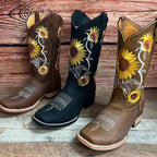 Women's Western Rodeo Square Toe Sunflower Embroidery Leather Boots Est. 255/257 Tan - OriginalWestern.com