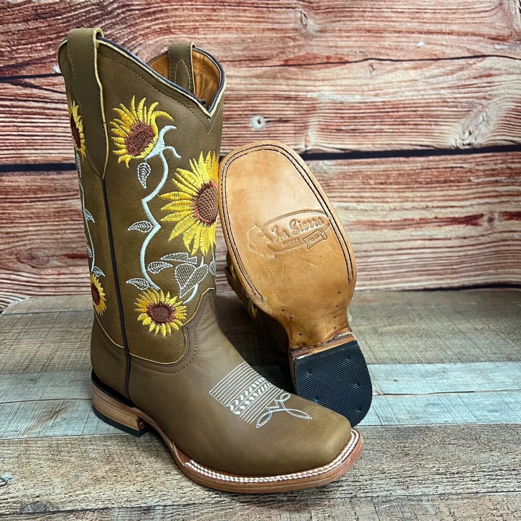 Women's Western Rodeo Square Toe Sunflower Embroidery Leather Boots Est. 255/257 Tan - OriginalWestern.com