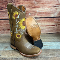 Women's Western Rodeo Square Toe Sunflower Embroidery Leather Boots Est. 255/257 Tan - OriginalWestern.com
