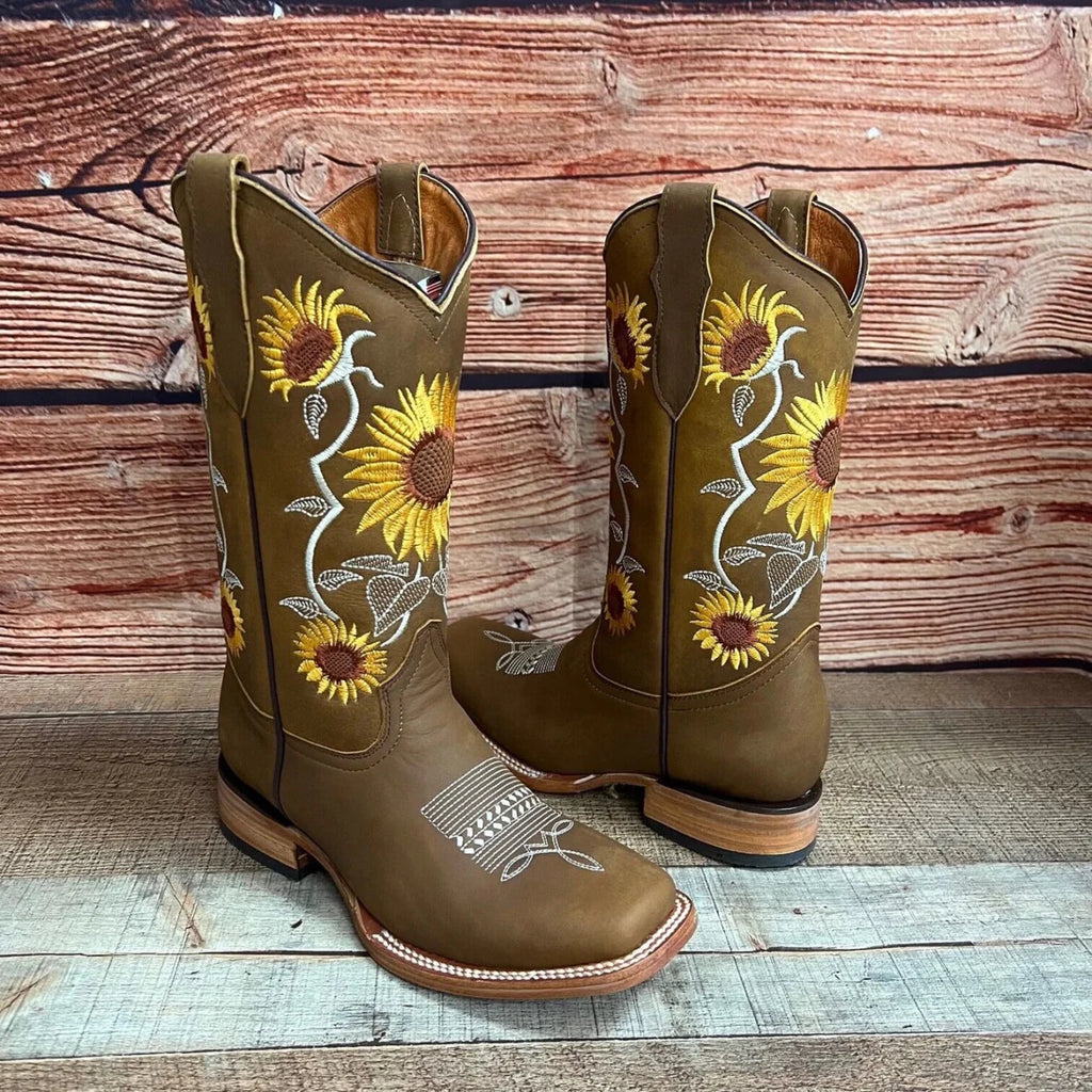 Women's Western Rodeo Square Toe Sunflower Embroidery Leather Boots Est. 255/257 Tan - OriginalWestern.com