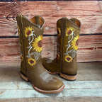 Women's Western Rodeo Square Toe Sunflower Embroidery Leather Boots Est. 255/257 Tan - OriginalWestern.com