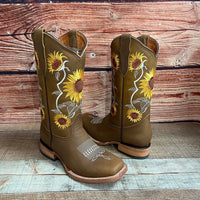 Women's Western Rodeo Square Toe Sunflower Embroidery Leather Boots Est. 255/257 Tan - OriginalWestern.com