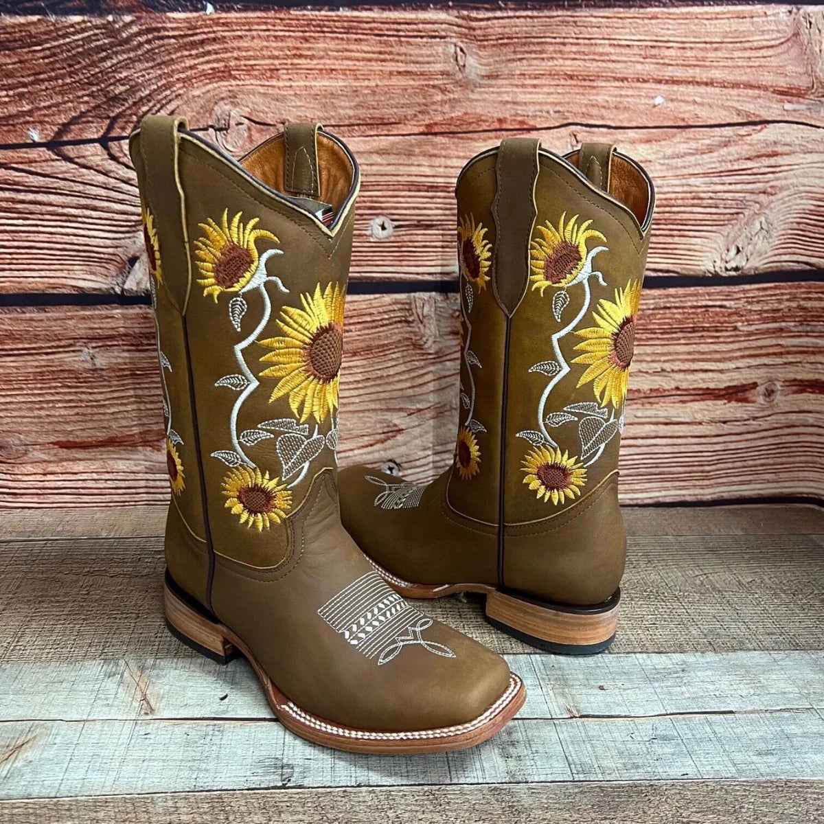 Women's Western Rodeo Square Toe Sunflower Embroidery Leather Boots Est. 255/257 Tan - OriginalWestern.com
