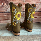 Women's Western Rodeo Square Toe Sunflower Embroidery Leather Boots Est. 255/257 Tan - OriginalWestern.com