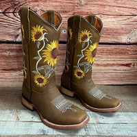 Women's Western Rodeo Square Toe Sunflower Embroidery Leather Boots Est. 255/257 Tan - OriginalWestern.com
