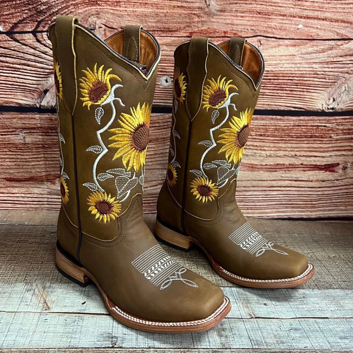 Women's Western Rodeo Square Toe Sunflower Embroidery Leather Boots Est. 255/257 Tan - OriginalWestern.com