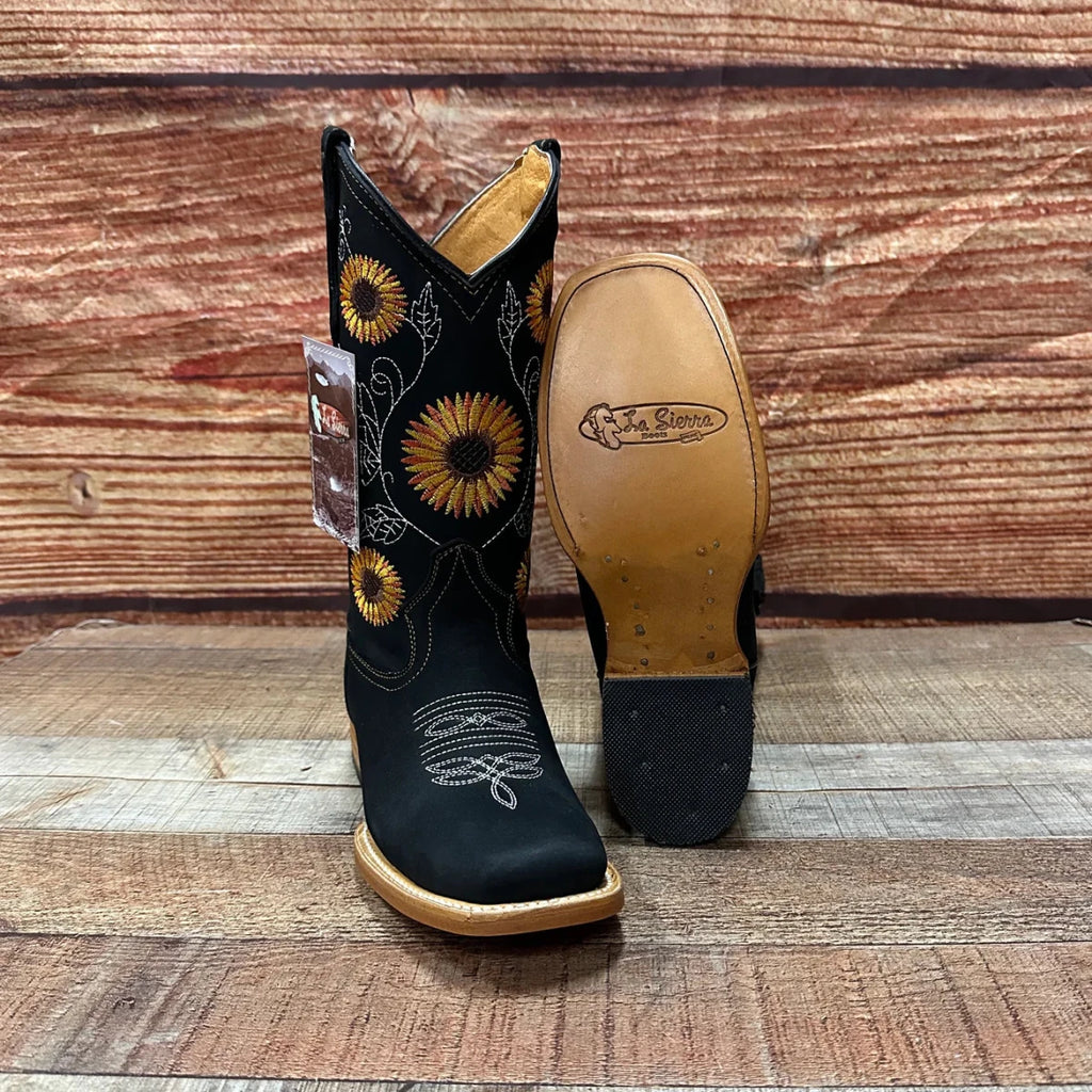 Women's Western Rodeo Square Toe Sunflower Embroidery Leather Boots Est. 808 Black - OriginalWestern.com