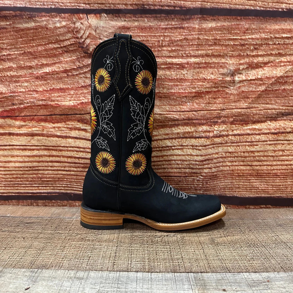 Women's Western Rodeo Square Toe Sunflower Embroidery Leather Boots Est. 808 Black - OriginalWestern.com