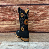 Women's Western Rodeo Square Toe Sunflower Embroidery Leather Boots Est. 808 Black - OriginalWestern.com