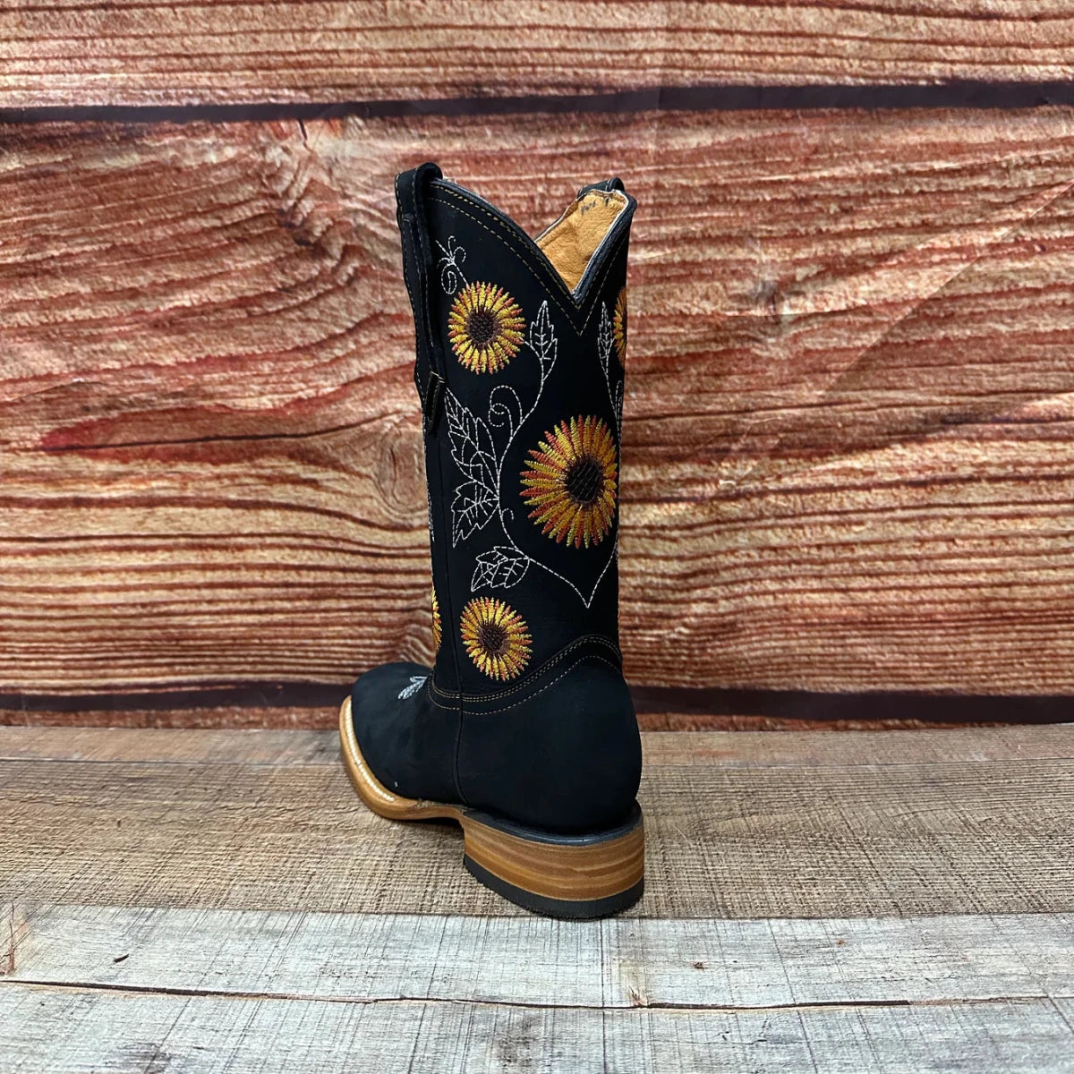 Women's Western Rodeo Square Toe Sunflower Embroidery Leather Boots Est. 808 Black - OriginalWestern.com