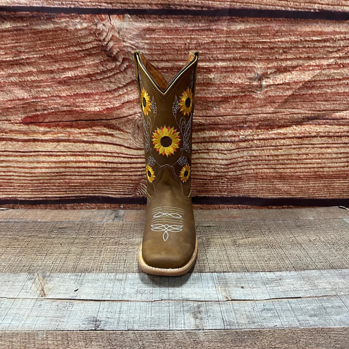 Women's Western Rodeo Square Toe Sunflower Embroidery Leather Boots Est. 808 Tabacco - OriginalWestern.com