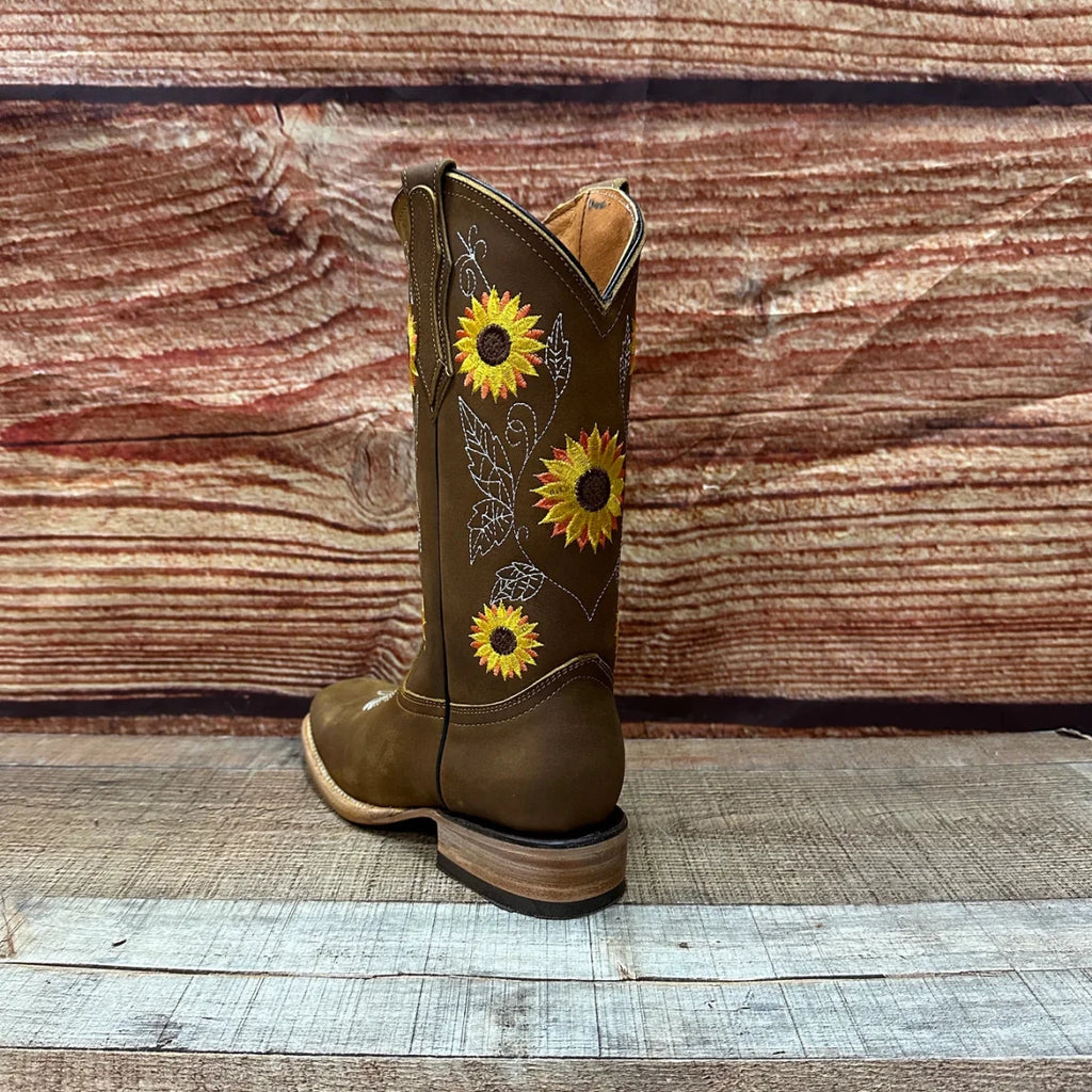 Women's Western Rodeo Square Toe Sunflower Embroidery Leather Boots Est. 808 Tabacco - OriginalWestern.com