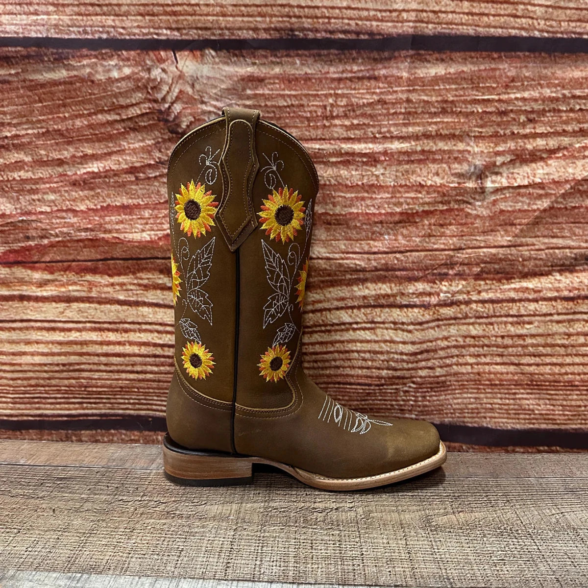 Women's Western Rodeo Square Toe Sunflower Embroidery Leather Boots Est. 808 Tabacco - OriginalWestern.com