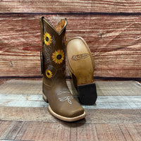 Women's Western Rodeo Square Toe Sunflower Embroidery Leather Boots Est. 808 Tabacco - OriginalWestern.com