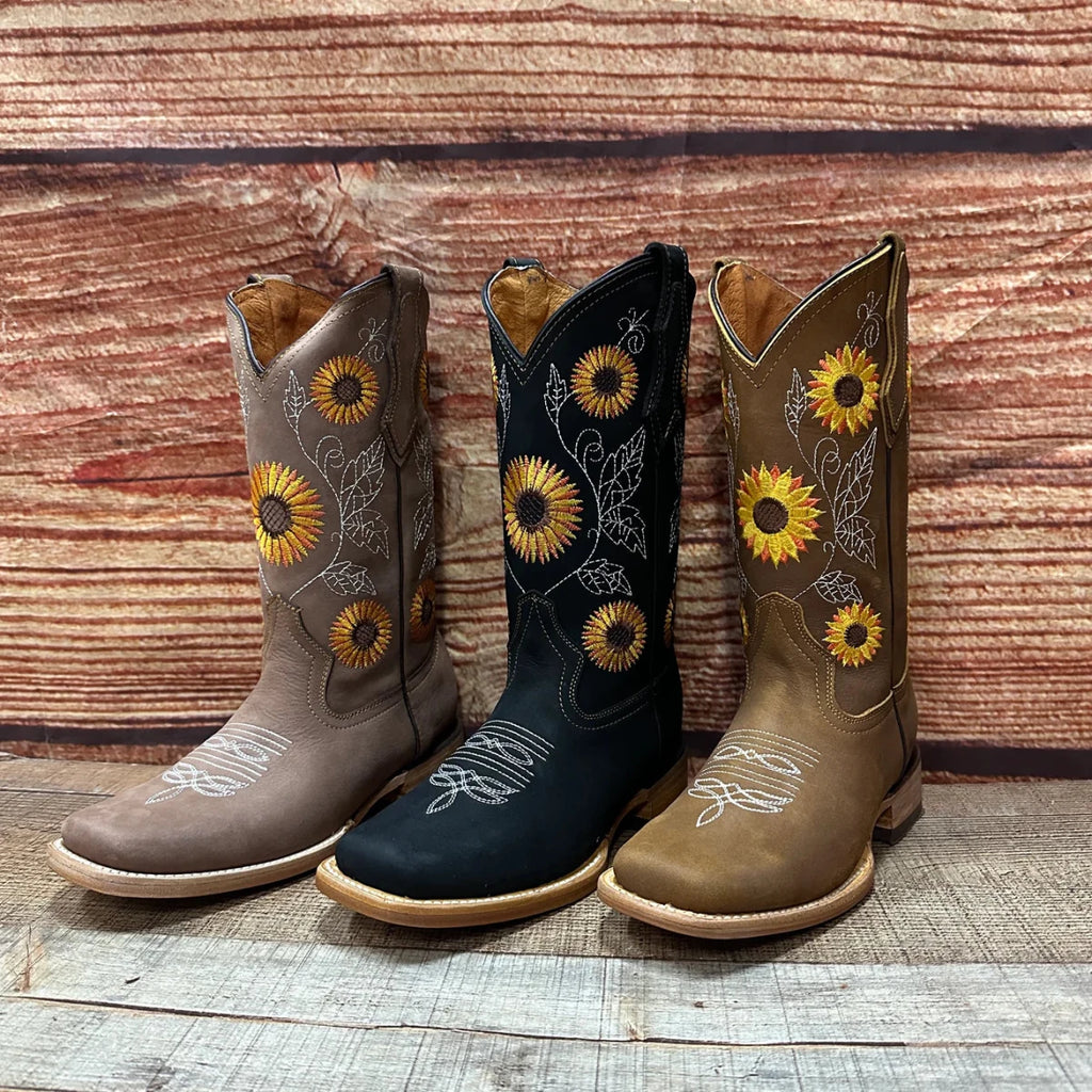 Women's Western Rodeo Square Toe Sunflower Embroidery Leather Boots Est. 808 Tan - OriginalWestern.com