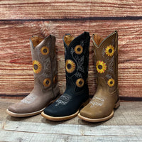 Women's Western Rodeo Square Toe Sunflower Embroidery Leather Boots Est. 808 Tan - OriginalWestern.com
