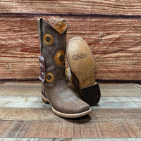 Women's Western Rodeo Square Toe Sunflower Embroidery Leather Boots Est. 808 Tan - OriginalWestern.com