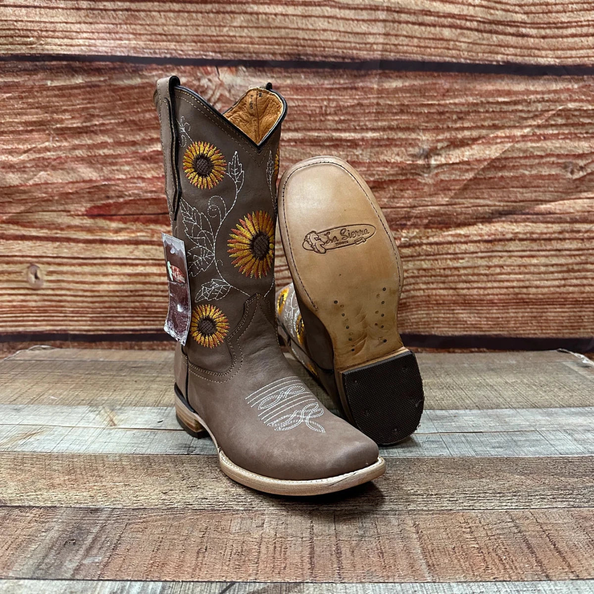 Women's Western Rodeo Square Toe Sunflower Embroidery Leather Boots Est. 808 Tan - OriginalWestern.com