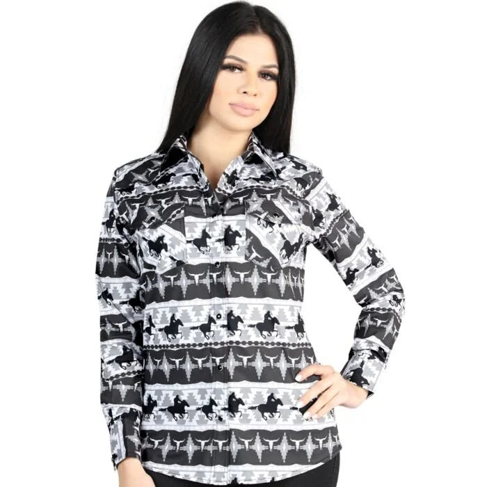 El General  Women's Black and White Cowboy Print Western Shirt  44479