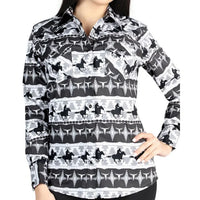 El General  Women's Black and White Cowboy Print Western Shirt  44479