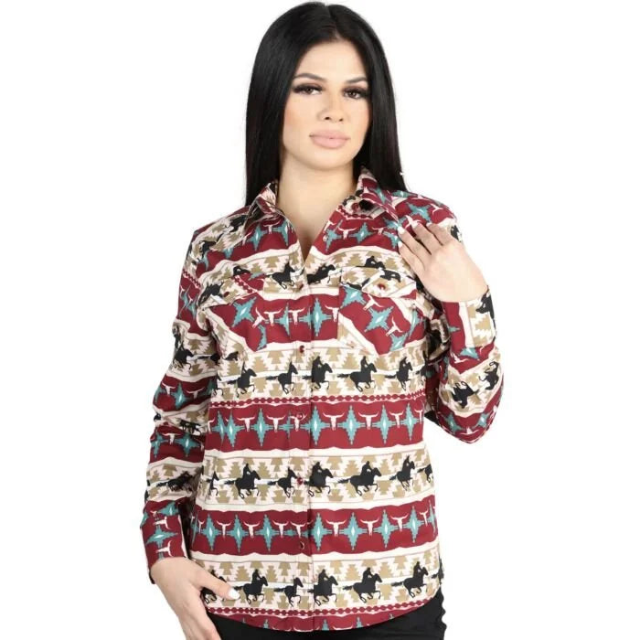 El General  Women's Western Shirt with Cowboy Print in Red and Ivory  44480