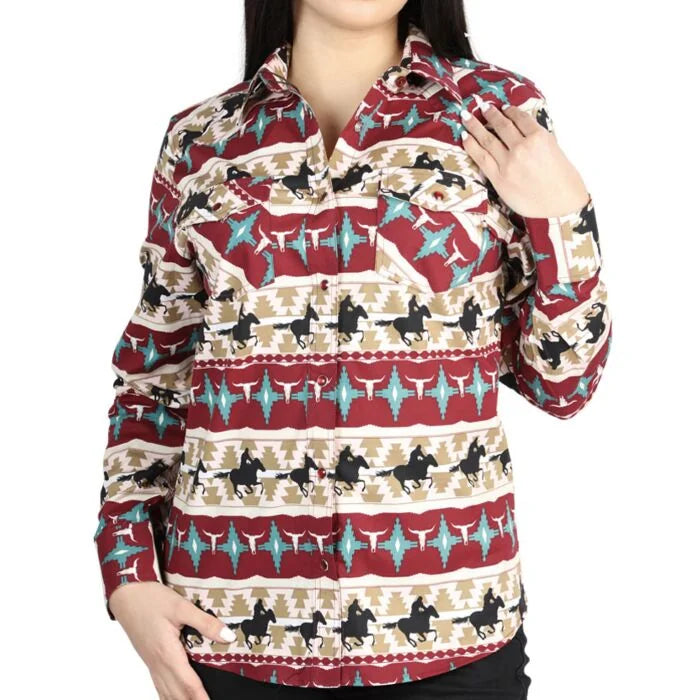 El General  Women's Western Shirt with Cowboy Print in Red and Ivory  44480