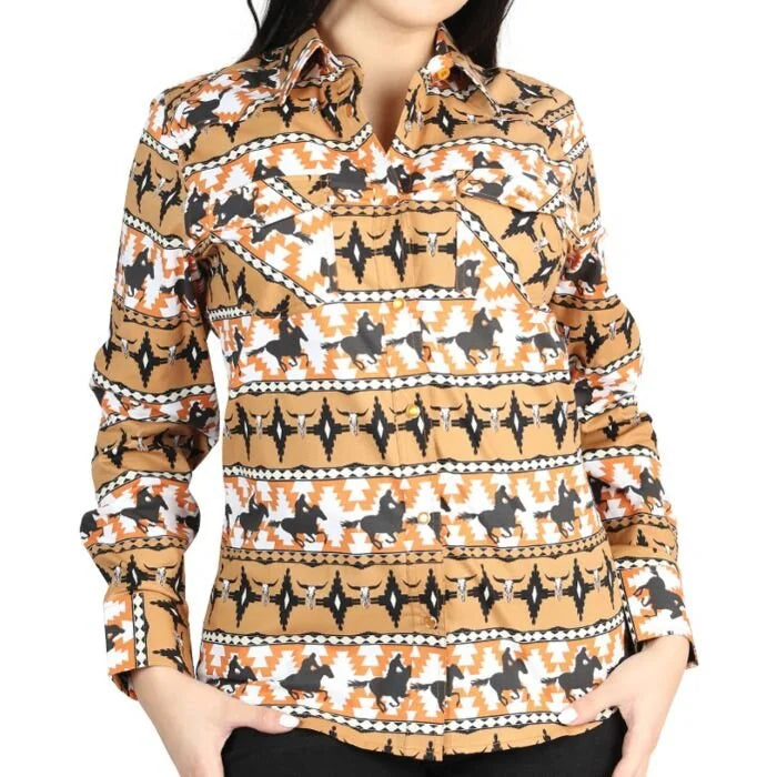 El General Women's Taupe Western Shirt with Cowboy Print  44481