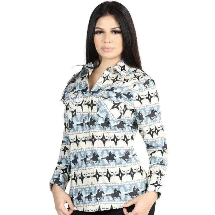 El General Women’s Blue Western Shirt with Cowboy and Horse Print 44482