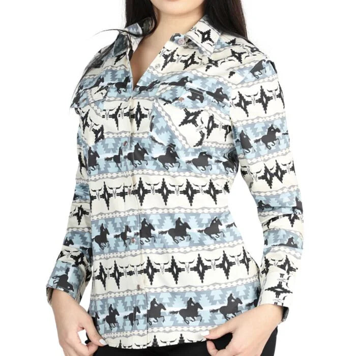 El General Women’s Blue Western Shirt with Cowboy and Horse Print 44482