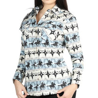 El General Women’s Blue Western Shirt with Cowboy and Horse Print 44482
