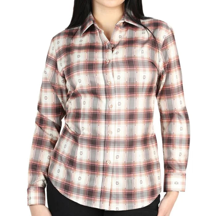 El General Women’s Western Shirt in Orange-Beige Plaid  44716