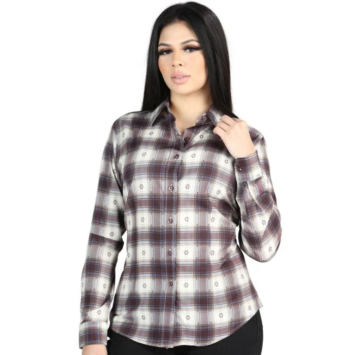 El General Women's Western Shirt in Beige and Burgundy Plaid  44730