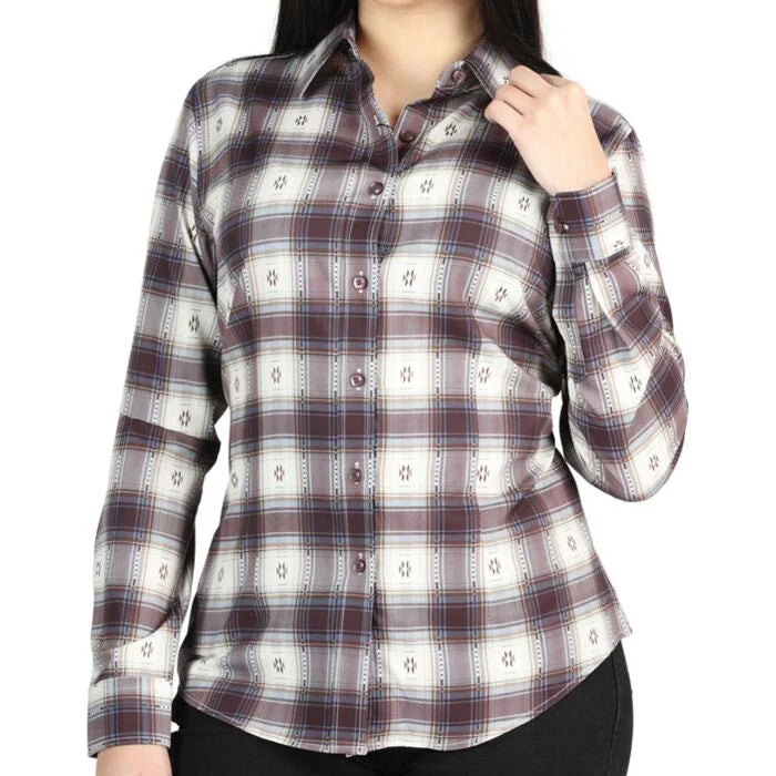 El General Women's Western Shirt in Beige and Burgundy Plaid  44730